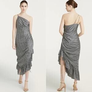 Cinq à Sept Silk Christel Ivory Navy Asymmetrical One Shoulder Dress